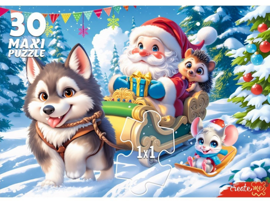Пазлы MAXI 30 Хаски и Дед Мороз