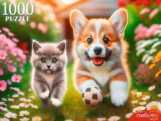 Пазлы 1000 Корги и британский котёнок