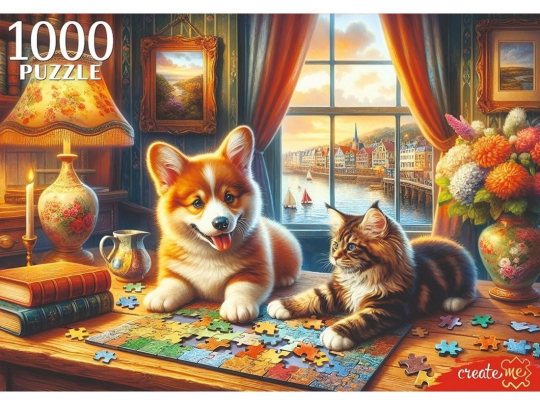 Пазлы 1000 Кот и щенок за пазлами