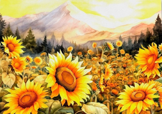 Алмазная мозаика Подсолнухи у гор, 30х40 см, 30 цв., частич. заполнение, с подр.
