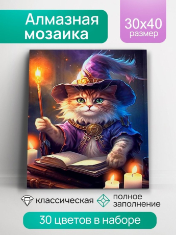 Алмазная мозаика Кот-чародей, 30х40 см, квадратная, 30 цв., полн. заполнение, с подр.
