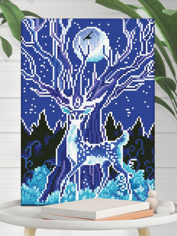 Алмазная мозаика "Ночной олень", 25*35см, на подрамнике, светится в темноте