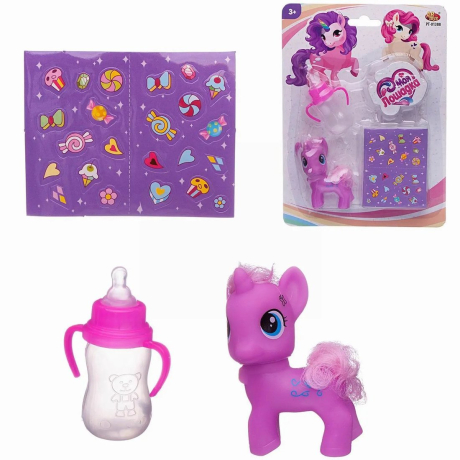 Игровой набор Пони-единорог фиолетовая с бутылочкой-поильником и наклейкам