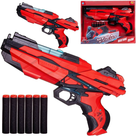 Мегабластер красно-черный с 6 мягкими пулями, в коробке