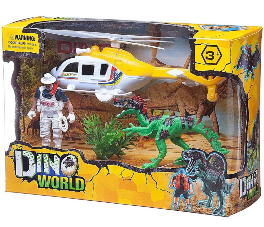 Игровой набор Мир динозавров (динозавр, вертолет, фигурка человека, аксессуары)