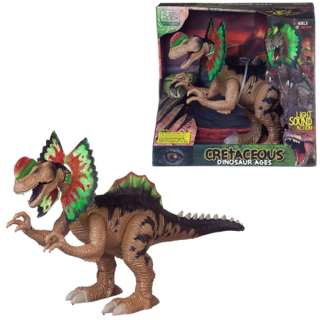 Динозавр Дилофозавр коричневый, движение вперед, свет, звук