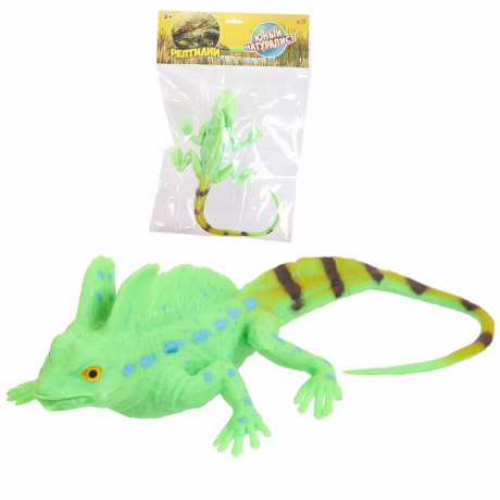 Фигурка Хамелеон, ярко-зеленый с полосатым хвостом, термопластичная резина