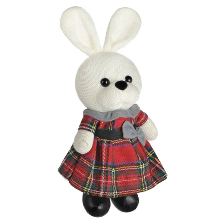 Зайка вязаный девочка 25 см в клетчатом платье