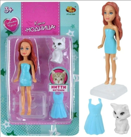 Кукла-мини 9 см Модница с котенком Китти (голубое платье)