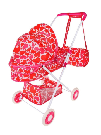 Коляска-люлька для кукол Сердца с корзиной и сумкой, металл, пакет