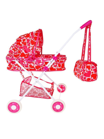 Коляска-люлька для кукол Сердца с корзиной и сумкой, металл, пакет