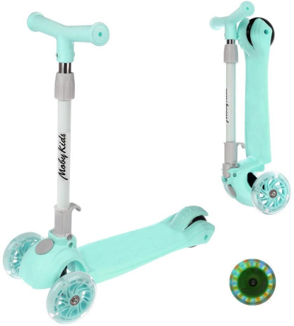 Детский складной трехколесный самокат Moby Kids FLY, регулировка руля, светящиеся колеса PU, мятный