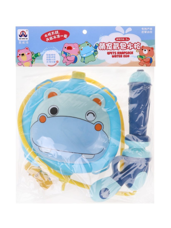 Набор бластер водяной-рюкзак Бегемотик - ёмкость 21х26х8 см., пистолет-насос 26, 5х14х6, 5 см., трубка д-77см., лямки. ассорт.