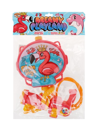 Набор бластер водяной-рюкзак "Фламинго", ранец 21х23х5 см., пистолет 20х11х6 см., трубка, ремешки, крышки