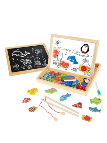 Бизи-чемоданчик "Рыбалка": доска для рисования, меловая доска, магнитные фигурки и фигурки для рыбалки, удочка