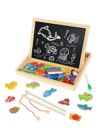 Бизи-чемоданчик "Рыбалка": доска для рисования, меловая доска, магнитные фигурки и фигурки для рыбалки, удочка