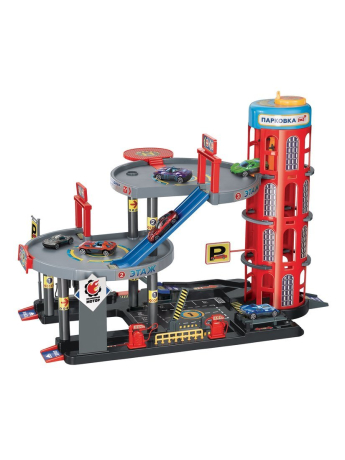 Парковка, 3 уровня, лифт-подъемник, съезд, заправка, вертолетная площадка, шлагбаум, машины металл - 6шт.