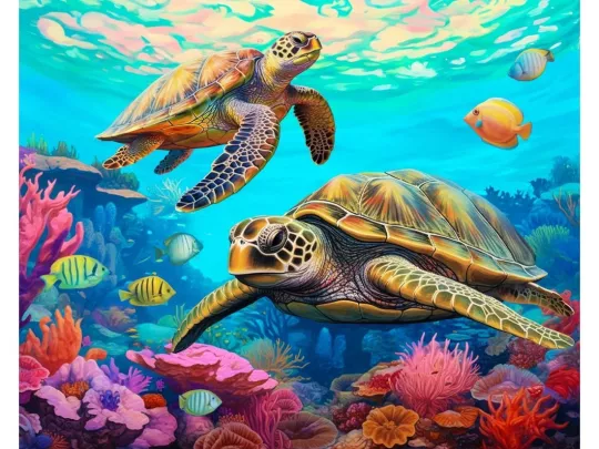 Алмазная мозаика Морские черепахи на рифе, 40х50 см, 30 цв., частич. заполнение, с подр.