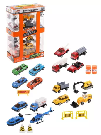 Игровой набор Транспорт, в комплекте: машины металлические без механизмов 16шт., предметов 7 шт., коробка